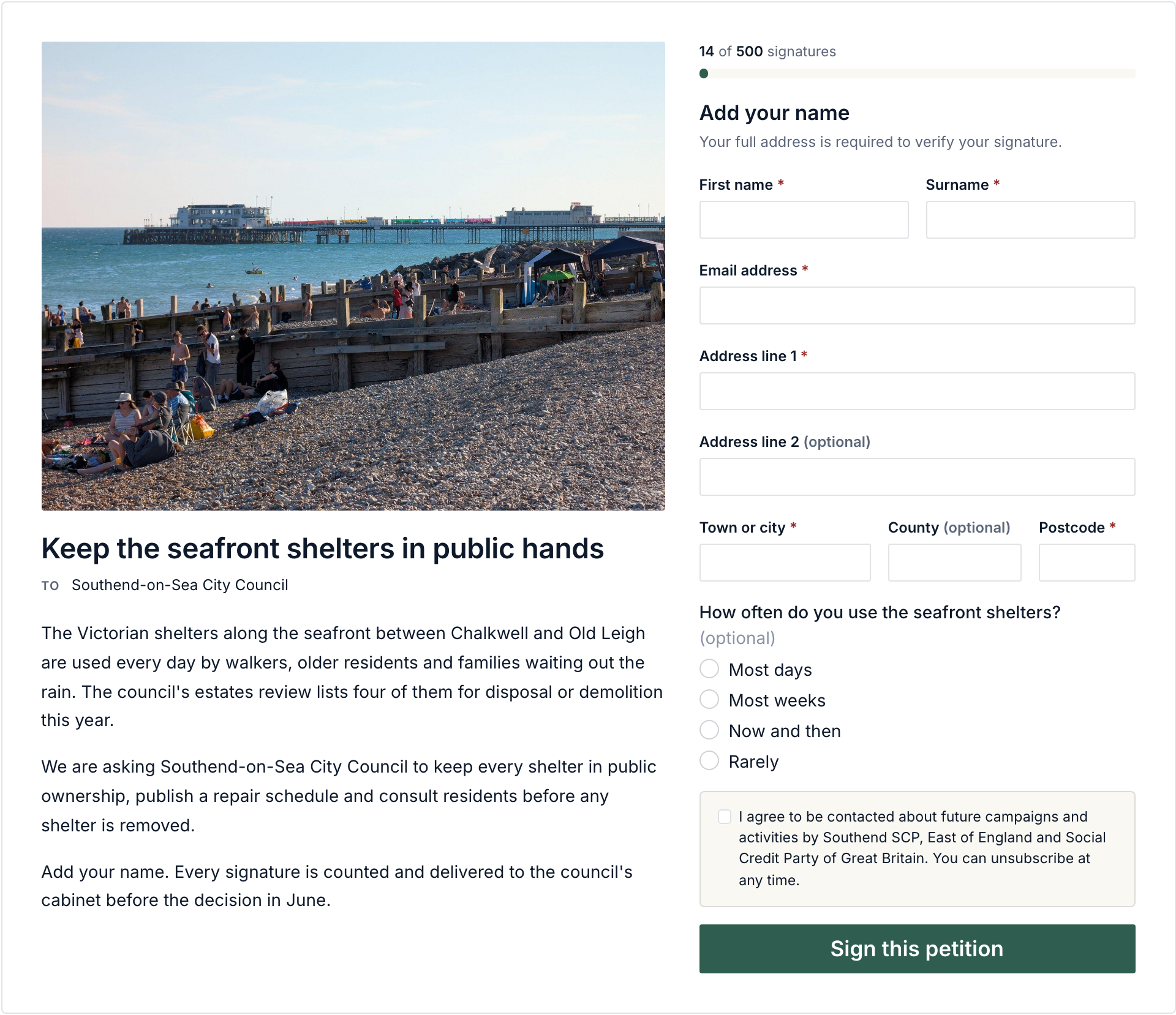 The public petition page: a seafront photo above the case on the left, the progress bar and sign-up form on the right.