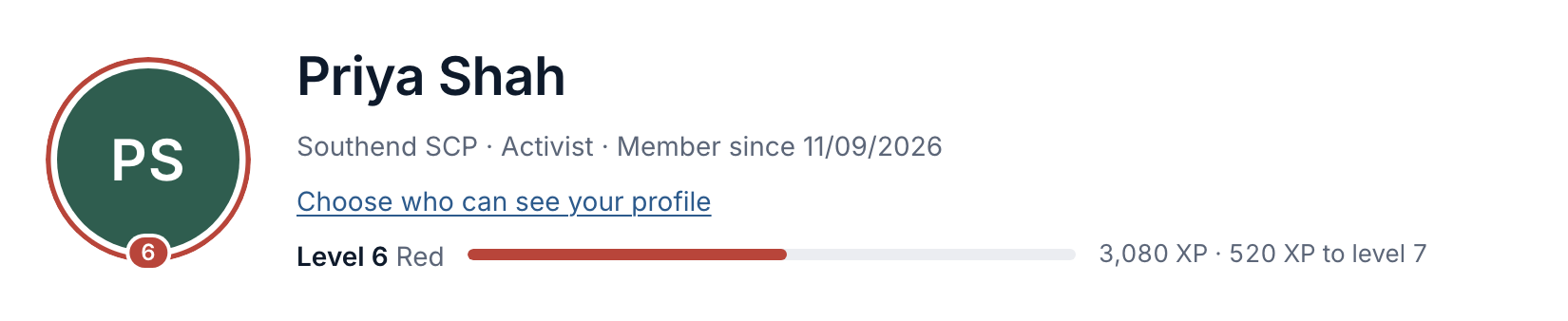 A volunteer's level ring and progress bar on their profile: level 6, red band, with the XP earned and XP needed for the next level.