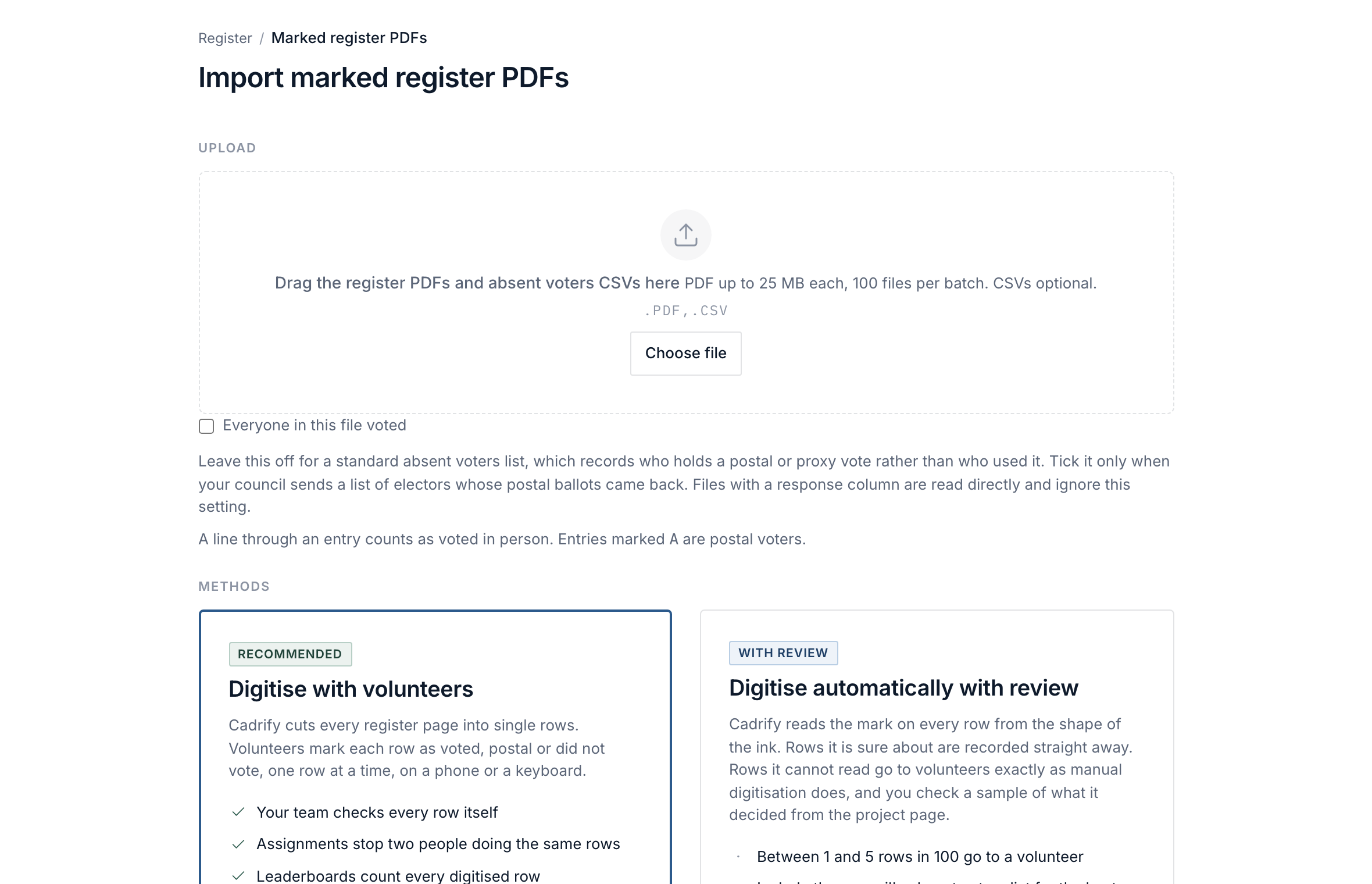 The upload step with the two reading methods side by side: digitise with volunteers, and digitise automatically with review.