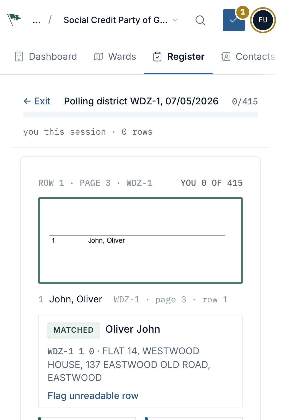 The volunteer entry screen on a phone: a single cropped row from the scan with voted, postal and did not vote buttons beneath it.