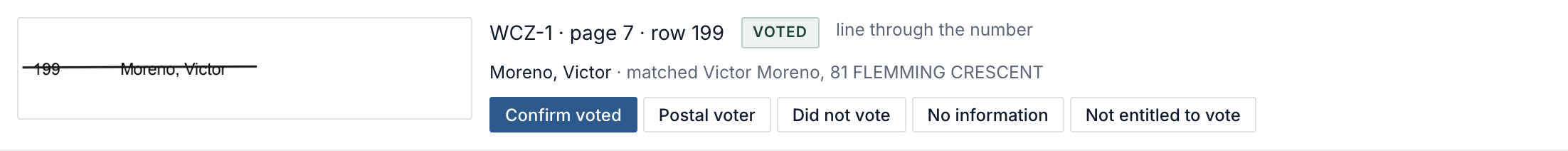 The project page's matching summary: rows matched to electors, rows still to place and the district they belong to.