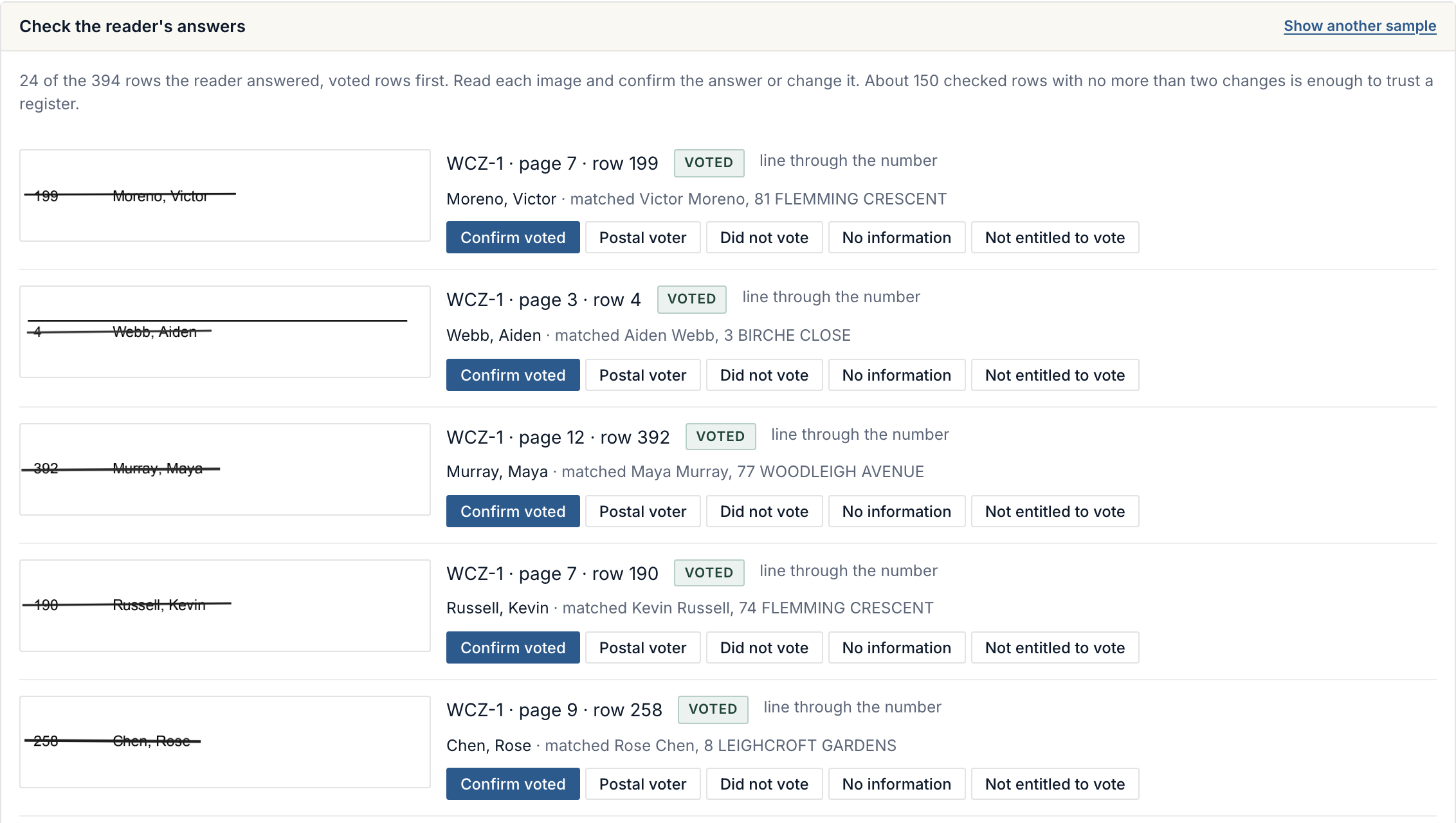 The check the reader's answers panel: a sample of row crops with the reader's verdict beside each and buttons to confirm or correct it.